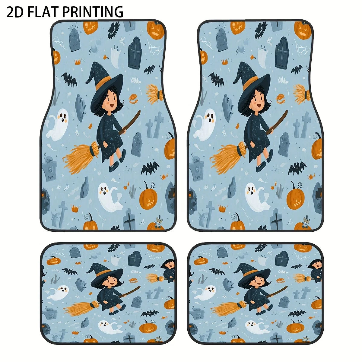 

4pcs Blue Witch Dreamy Pattern Printed Car Floor Mats, Universal Polyester Material, All-Season Vehicle Interior Protection Deco