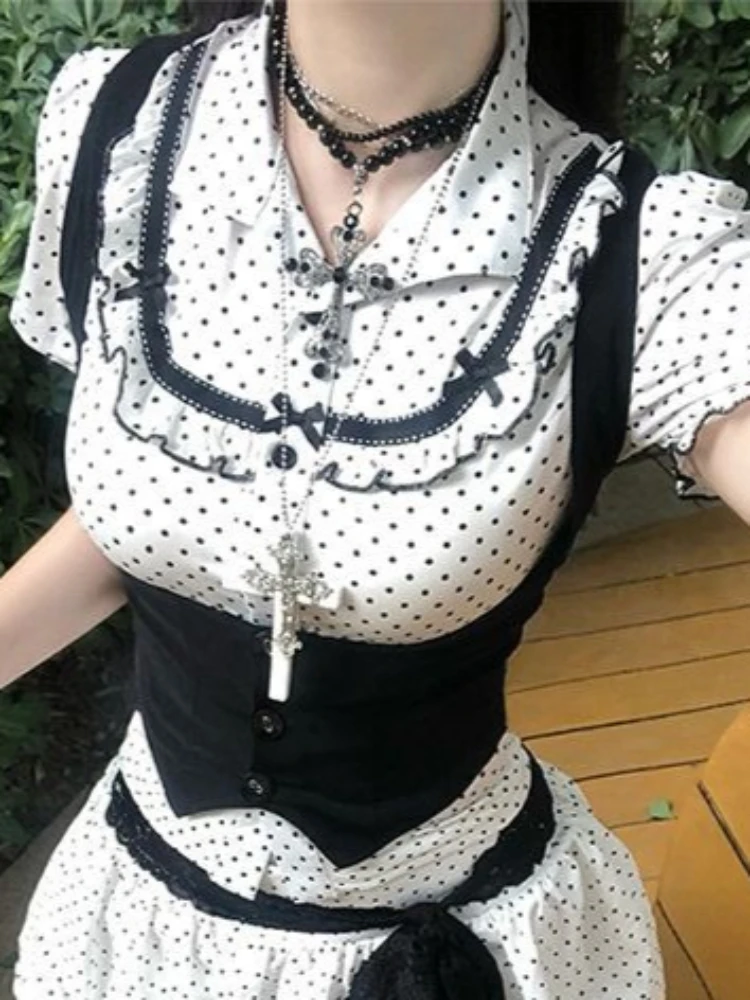 New Subculture 2000s Aesthetic 3 Piece Set Women Chic Polka Dot Tops + Black Vest + Mini Skirts Harajuku Y2k High Street Outfits view 4