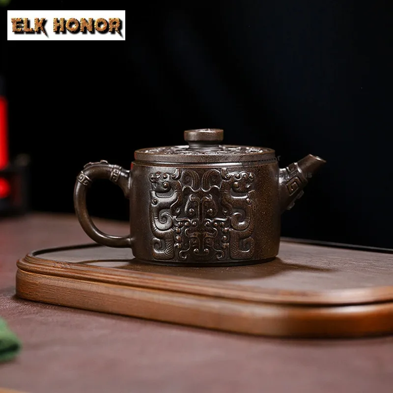 290ml Authentic Yixing Purple Clay Teapots Handmade Totem Big Calibre Pot Raw Ore Bronze Mud Kettle Zisha Tea Set Collection