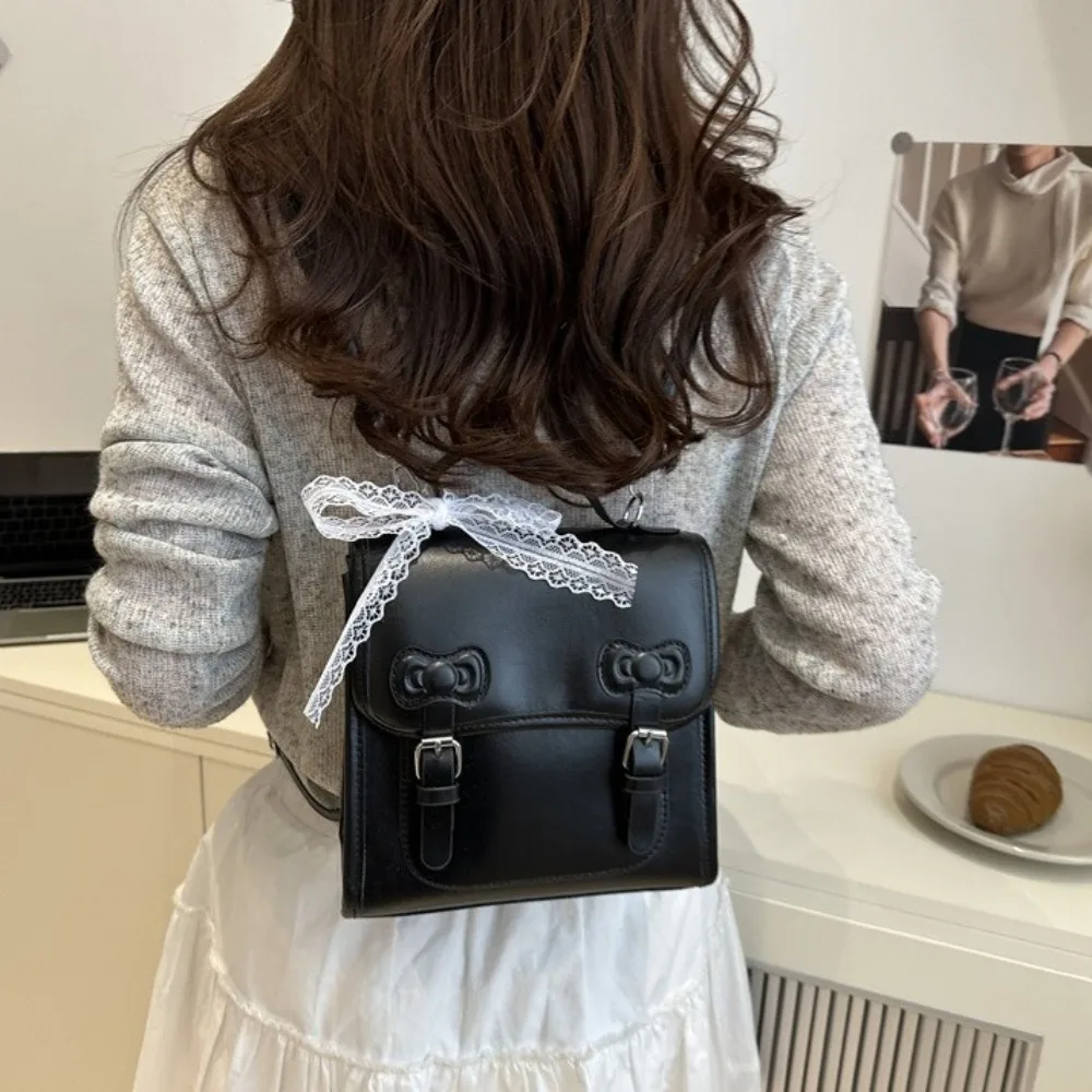 

Creative Square Bow Backpack Solid Color Korean Style PU Backpack Small Pack Crossbody Bag Student School Bag Girls