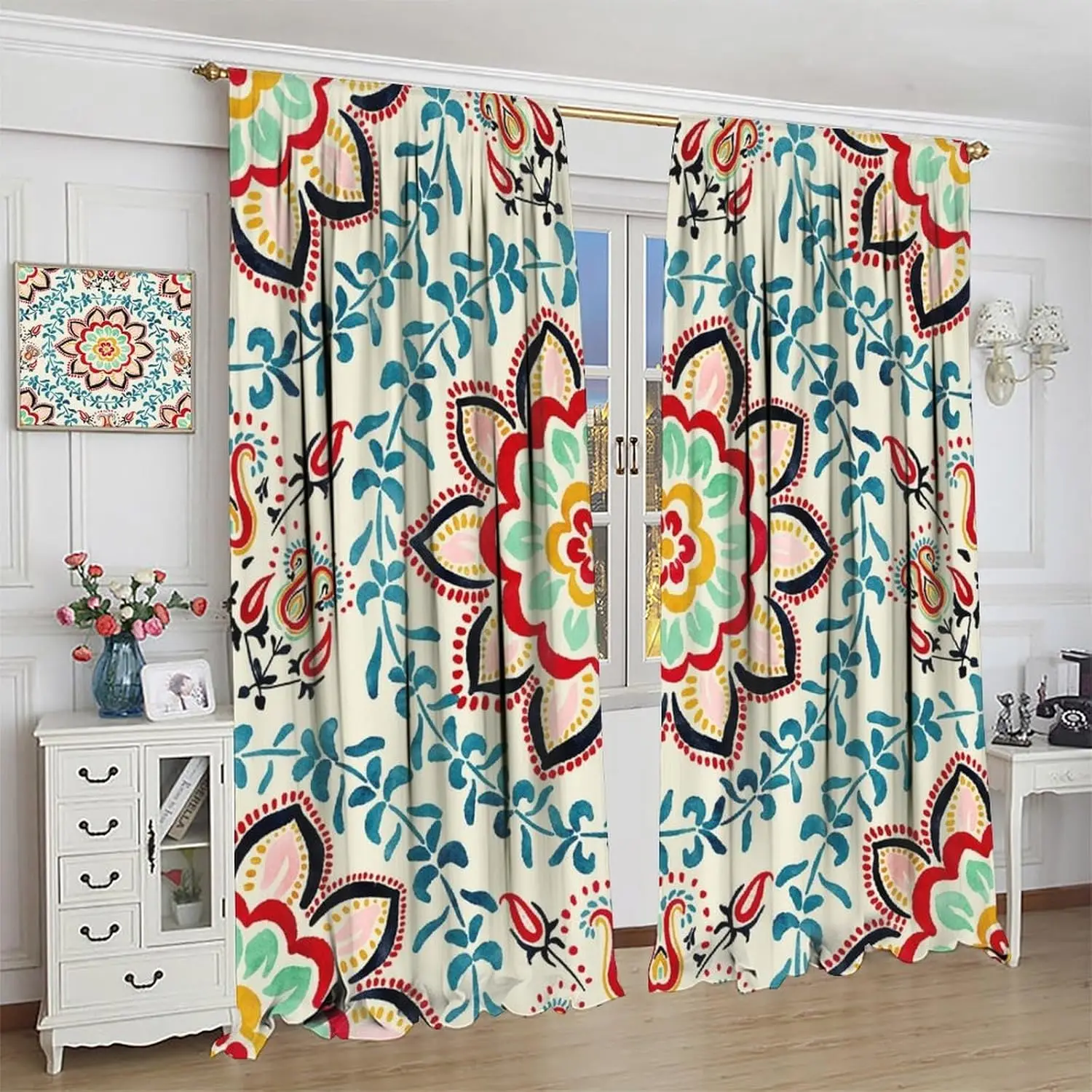 Boho Floral Curtain Rustic Bohemian Flower Colorful Mandala Plants India Aesthetic Art Print Blackout Window Drapes for Bedroom
