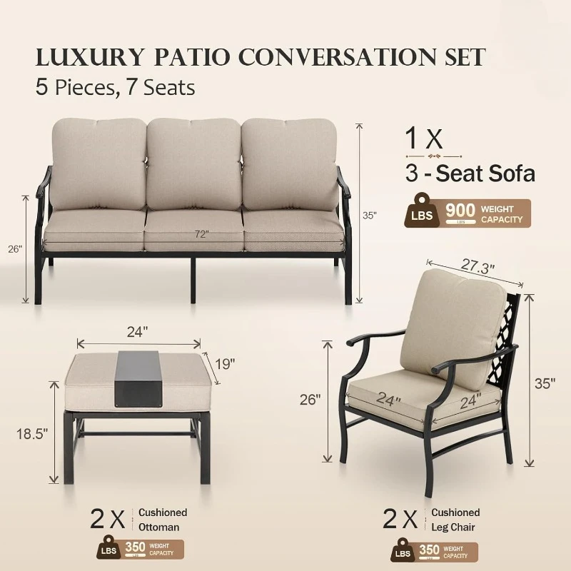 5 Piece Patio Furniture Set, 2 x Cushioned Metal Chair, 2 x Ottoman, 1 x 3-Seat Sofa