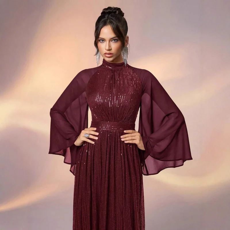 

Elegant Sequined Raglan Sleeve Long Sleeve Evening Gown Red Dress