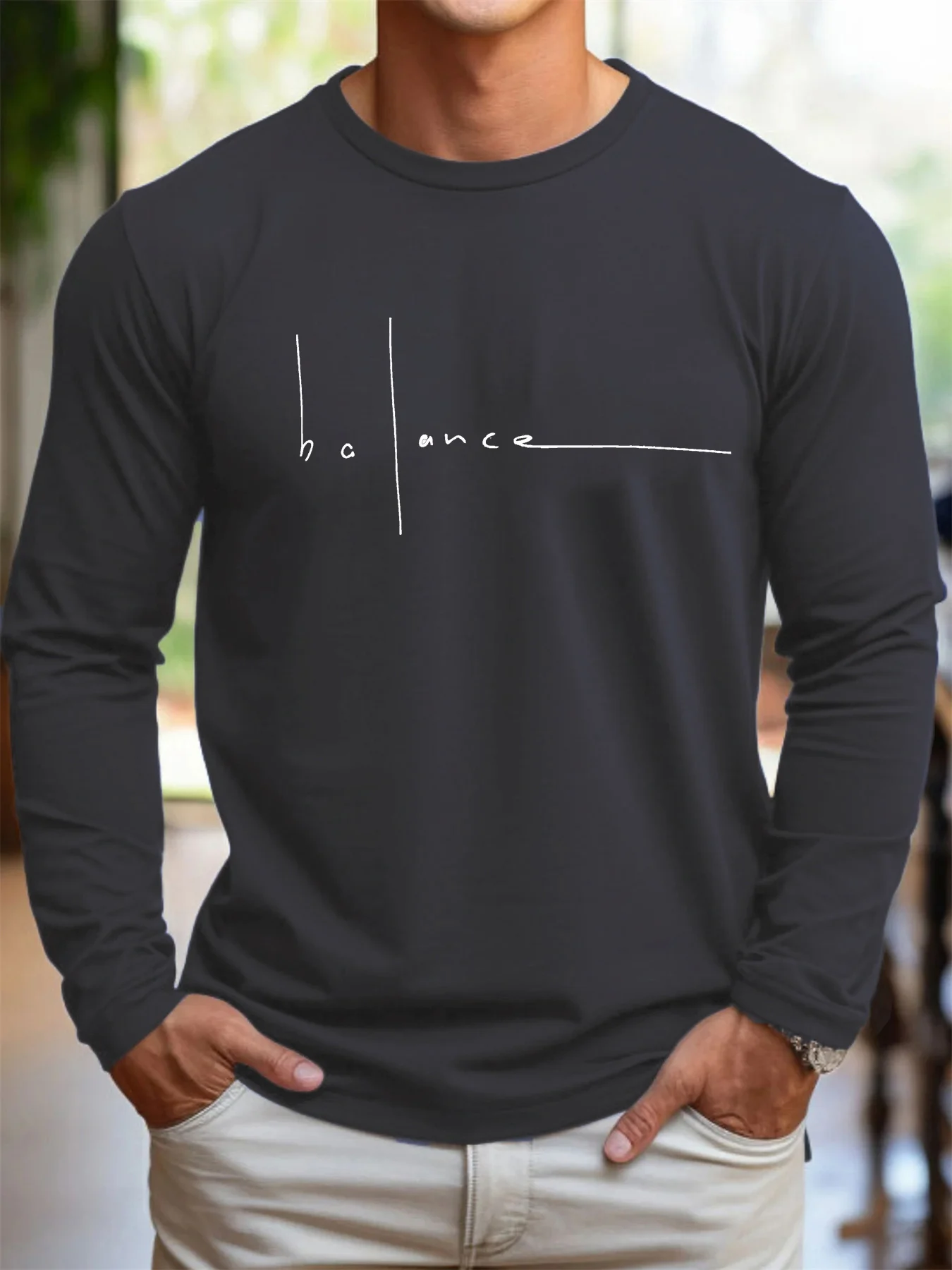 100 Cotton Men's Long Sleeved Round Neck Loose Balance Letter Pattern Printed Autumn and Winter Casual Versatile T-Shirt Top image 3
