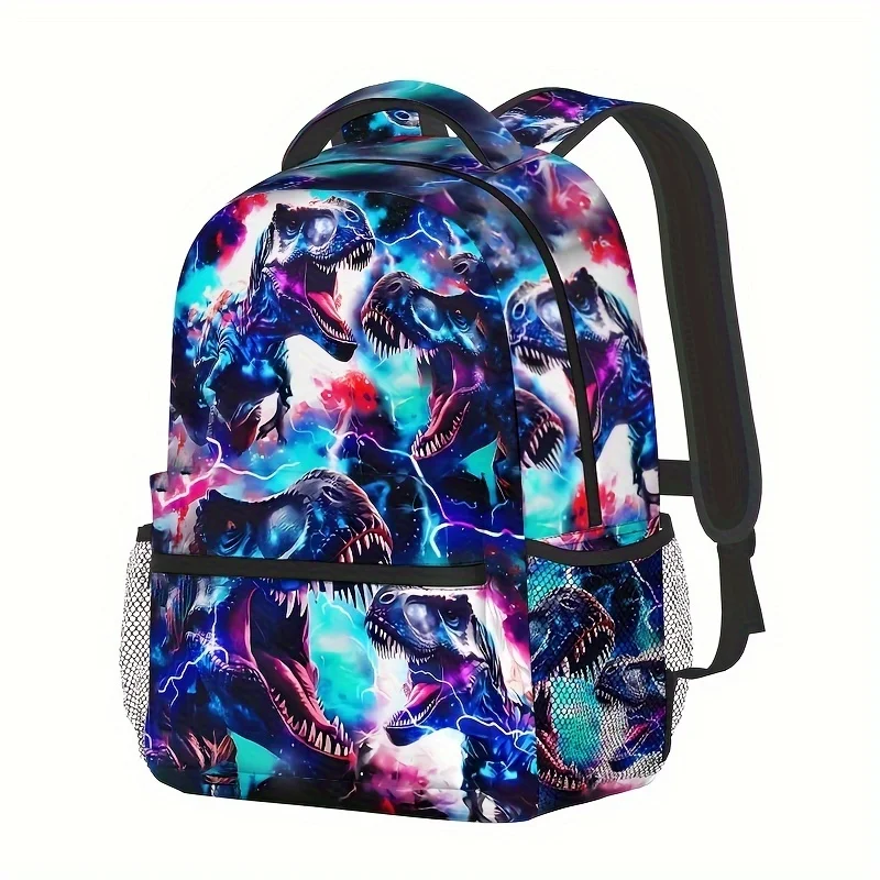 Vibrant 3D Dinosaur Print Backpack - Lightweight PU Travel Hiking Bag with Adjustable Straps, Black, Galaxy Design