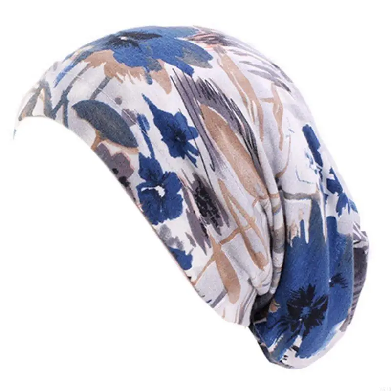 

Y5JD Women Satin Lined Sleep Cap Solid Color Floral Print Cotton Hair Loss Chemo Headwrap Elastic Wide Band Slouchy Beanie Slap