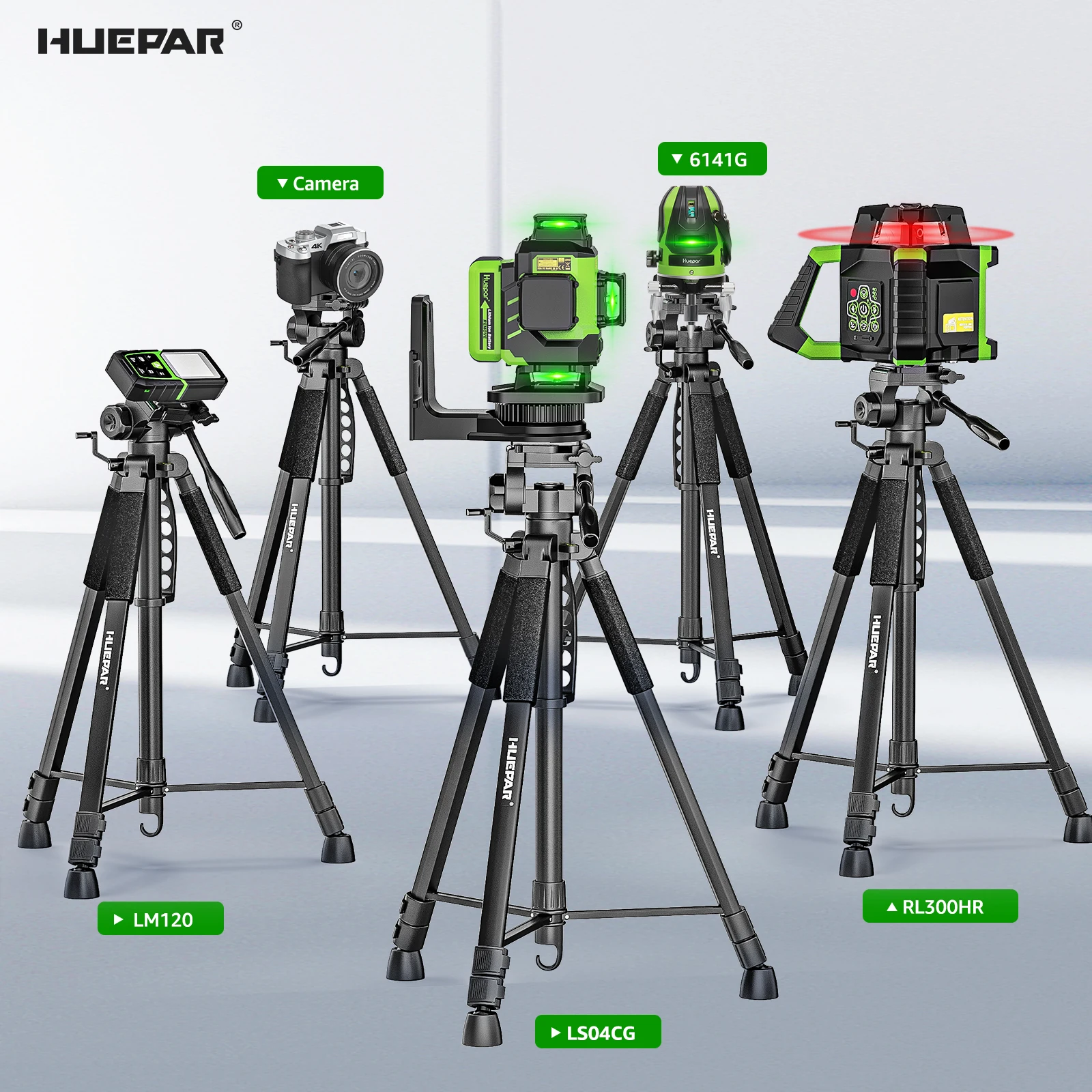 Huepar t16a tripé ajustável multifuncional 63 "/160cm nível laser tripé câmera telêmetro suporte com cabeça pan giratória de 3 vias