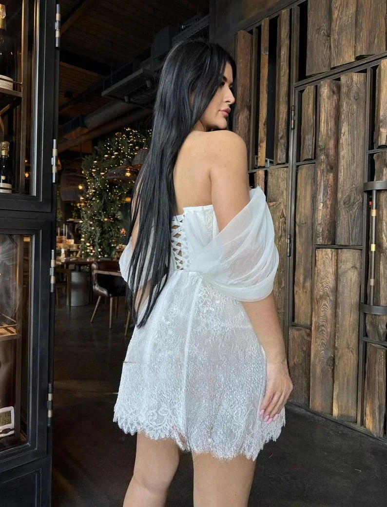 ชุดแต่งงานคอร์เซ็ทปิดไหล่ ชุดเดรสปาร์ตี้ค็อกเทล ชุดบอลกาวน์ลูกไม้ ชุดแต่งงานสั้น ชุดแต่งงาน