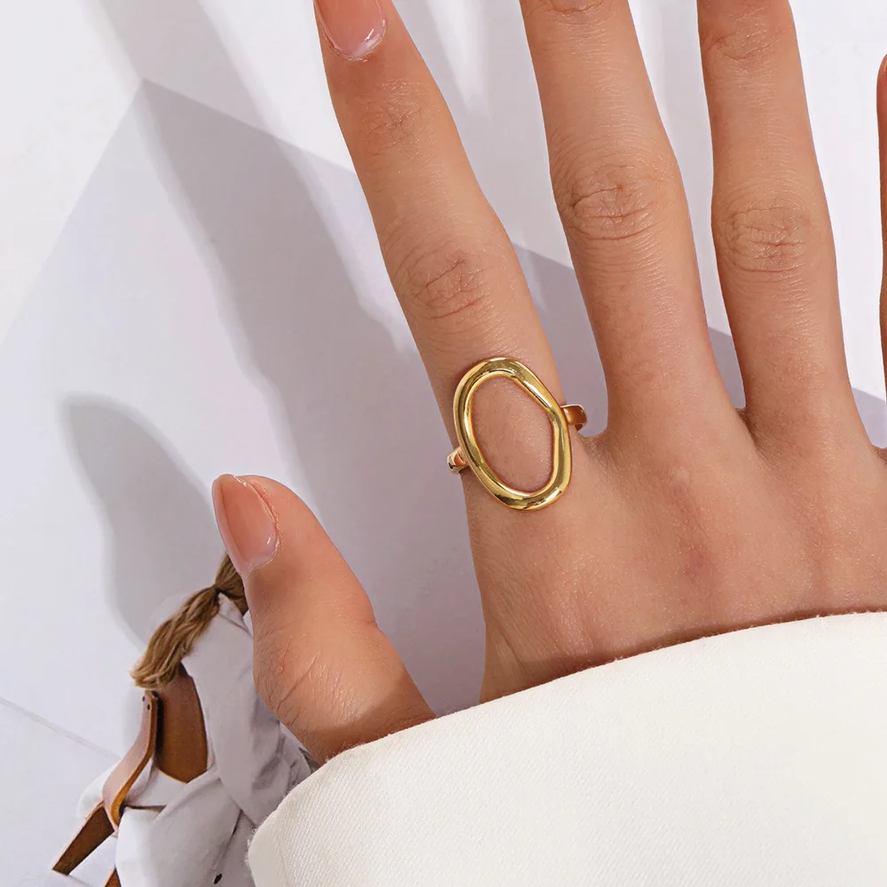 Fashion Minimalist Hollow Oval Rings for Women Stainless Steel Gold Color Geometric Open Finger Ring Party Jewelry Gift New In