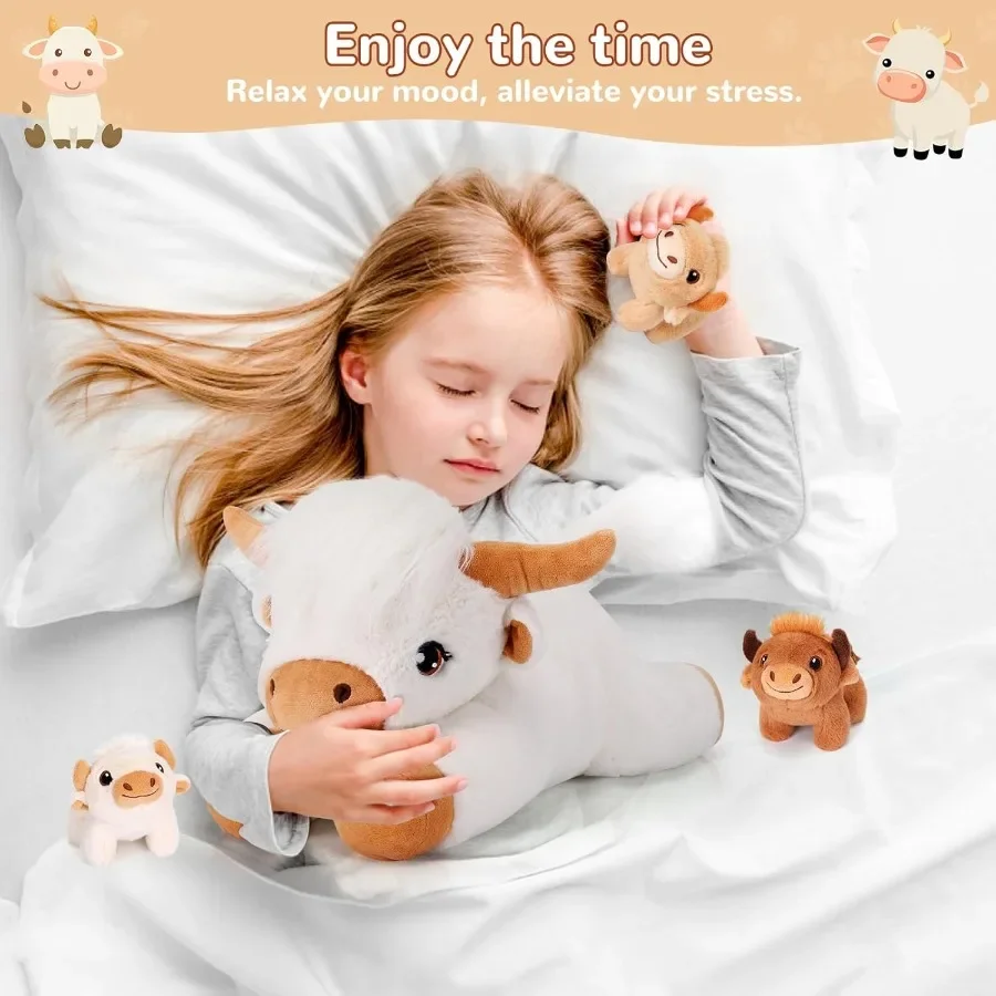 4 Pieces Highland Cow Stuffed Animals - White Plush Cows with 3 Babies - Cute Cows Plush Toys for Girls Age 3-8 - Ideal Christm
