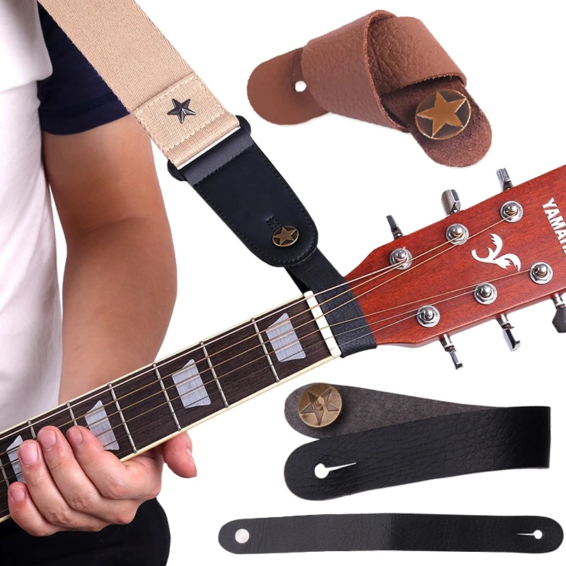 Gitarrengurt Abnehmbares Anti-Rutsch-Stirnband Stahlsaite Akustische E-Gitarre Bass Knopfbefestigung Halsgurte Braun Schwarz ZYF