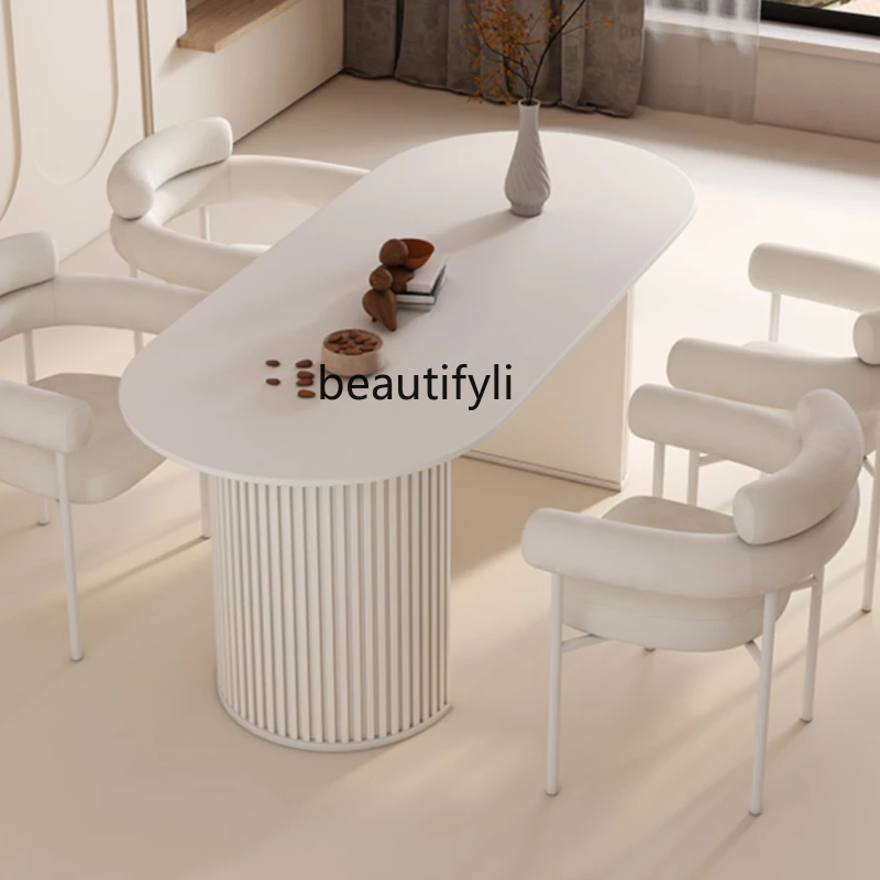 Nordic Restaurant Stone Plate Pure White Oval Household Dining Table Cream Style Negotiation Table and Chair