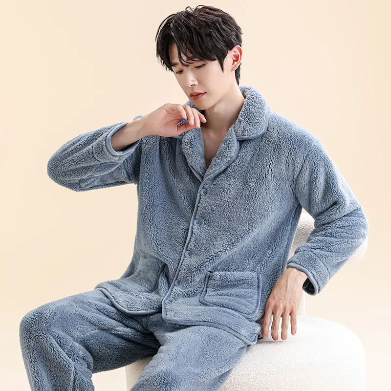 Thickened Half-Fleece Pajamas Men's Autumn Winter Solid Color Home Clothes Coral Fleece Sleepwear Comfortable Long Sleeve Pants