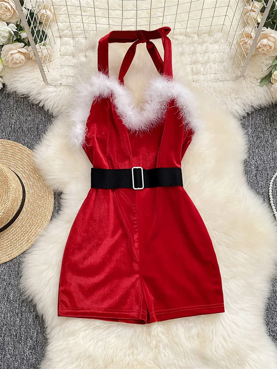 Sexy Christmas Red Rompers Lingerie Night Jumpsuit Silk Velvet Exotic Underwear Sensual Lingerie Christmas Nightgown