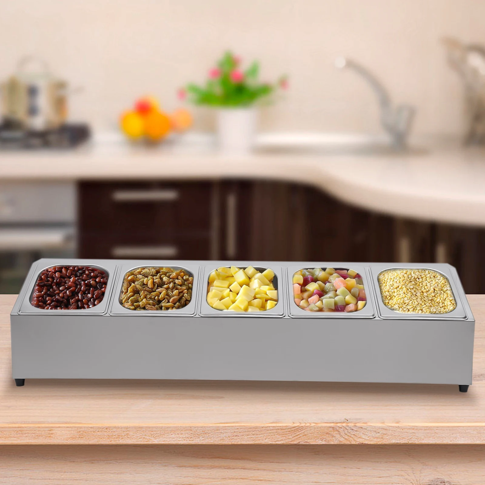 

One Row Inclined Spice Rack Shelf, Stainless Steel Seasoning Organizer Holder with Five 1/6 Pans for Bars/Fruit Shops