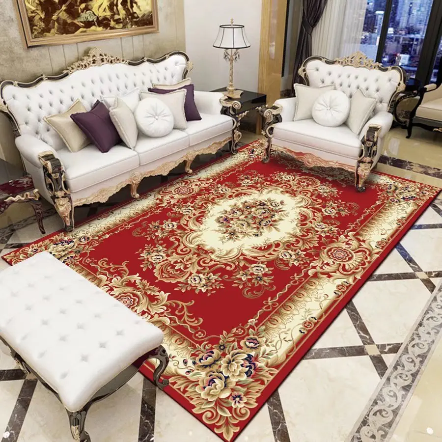 

European Style Carpets for Living Room Luxury Large Size Home Decoration Bedroom Fluffy Low Pile Red Rug Room Decor Mat Bedside