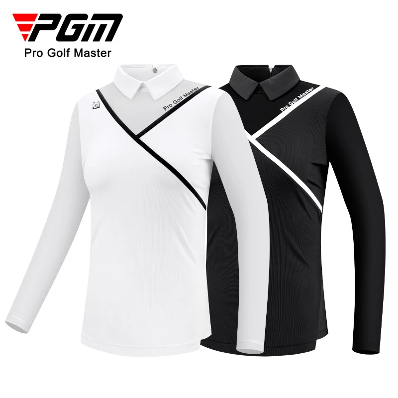 PGM Women Long Sleeve Golf T-shirt Ladies Ice Silk Breathable Tops Women Elastic Lapel Golf Shirt Female Back Zipper Sportwear