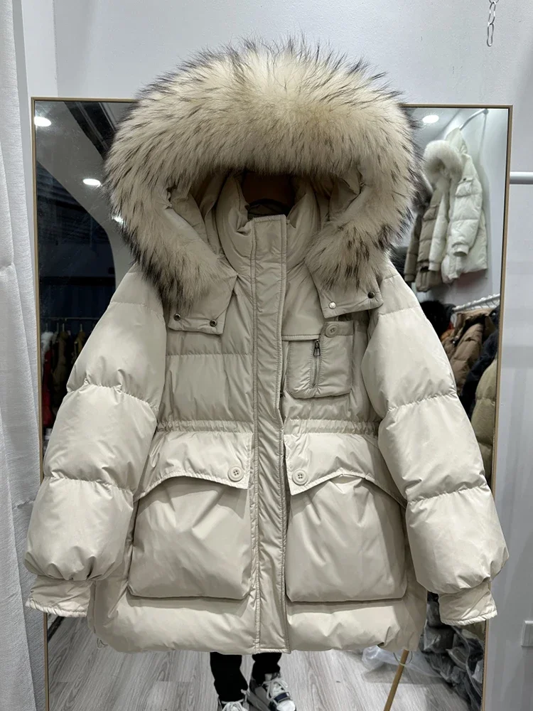 

Winter Warm Natural Large Fur Collar Hooded Down Jacket Female Drawstring Zipper Jackets Women White Duck Down Parker Outwears