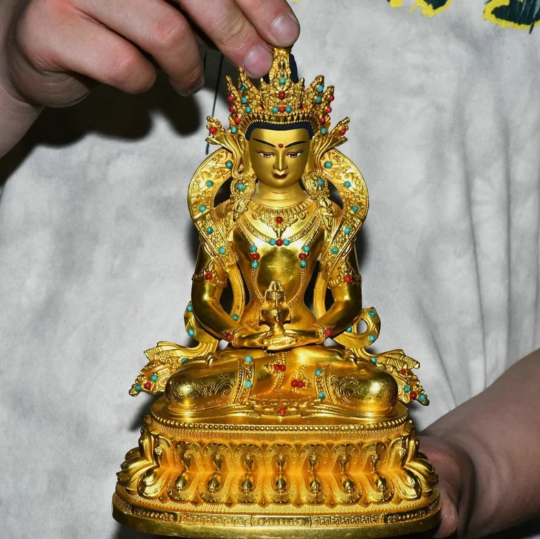 10'' Old Nepal Bronze Gilt Painting Amitayus longevity God Goddess Buddha Statue