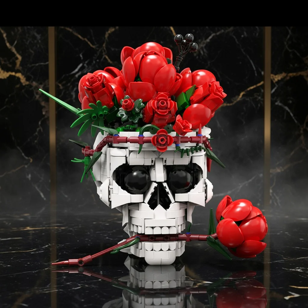 

Creative Gothic Skull Skeleton Rose Building Blocks Floral MOC Brick Set Halloween Desktop Decoration Unique Holiday Gift