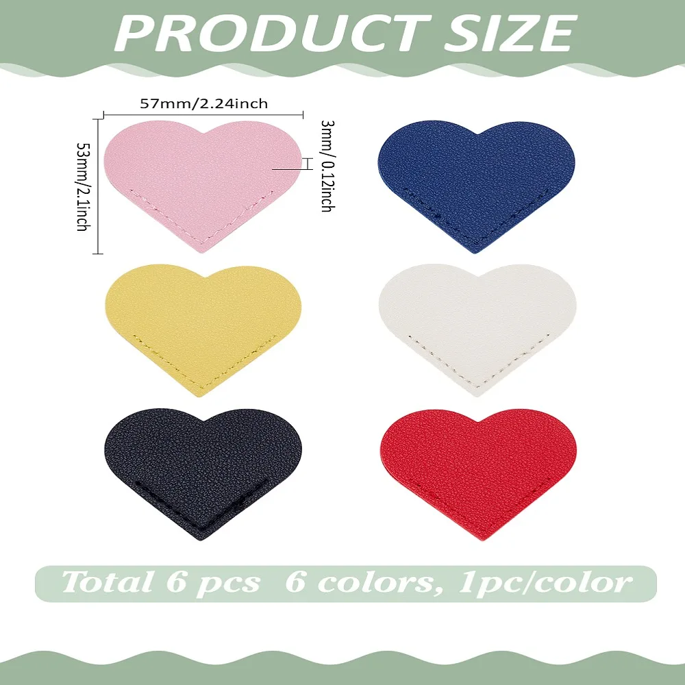 6Pcs 6 Colors PU Leather Bookmarks Corner Page Marker for Book Lovers Heart Shape Mixed Color 53x57x3mm 1pc/color