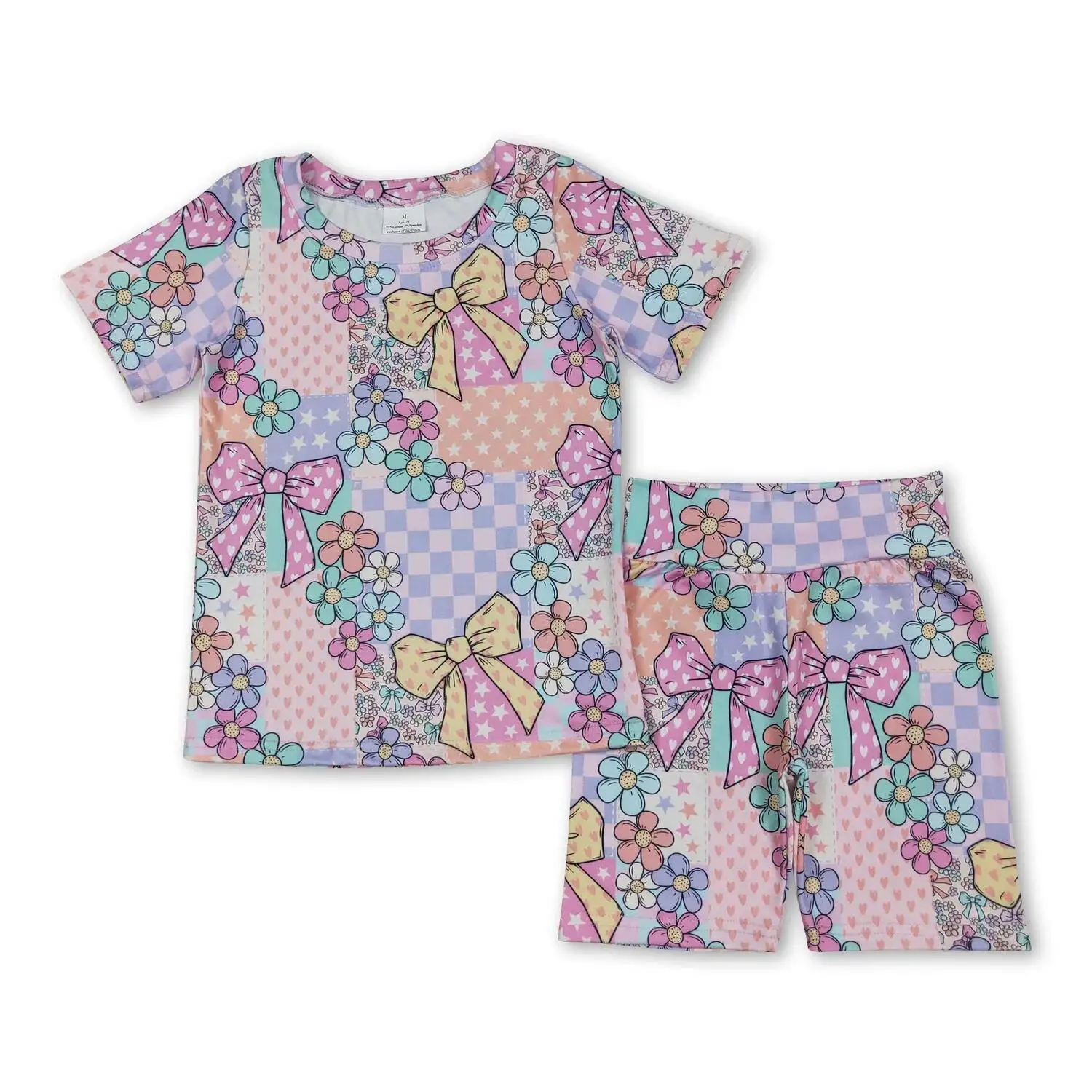 

Розовый клетчатый топ для маленьких девочек с цветочными бантами, велосипедный комплект с короткими рукавами, шорты со звездным принтом, наряд для маленьких девочек