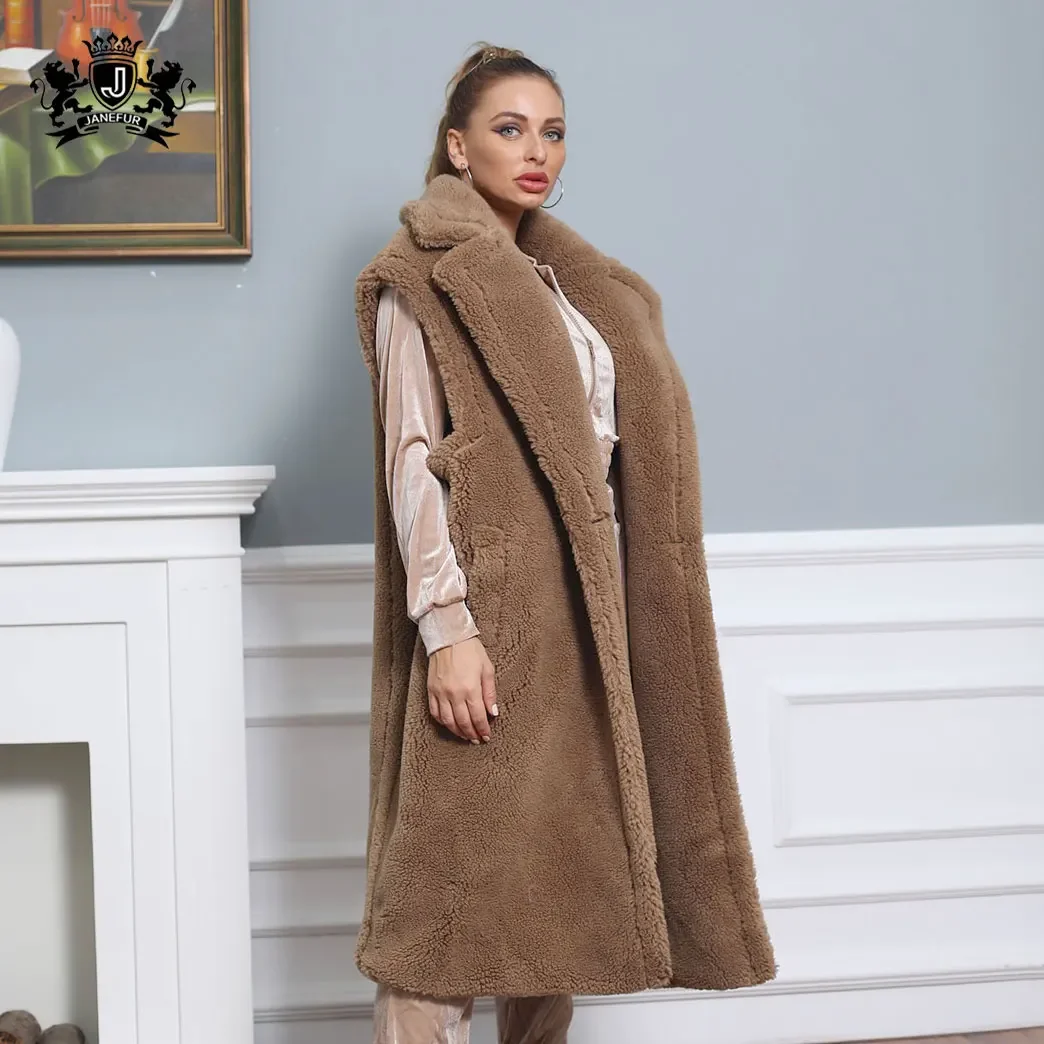 High Quality Ladies Wool Coat Women Fashion Sheep Shearing Gilet Long Teddy 100% Wool Vest