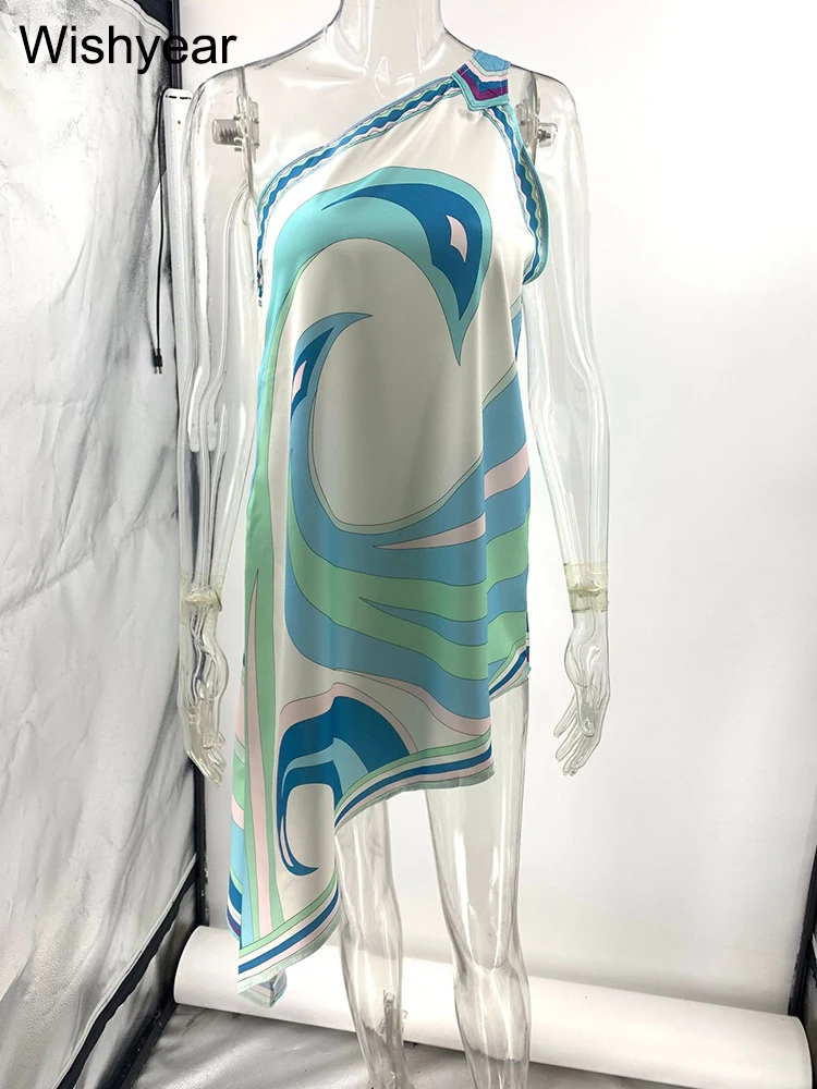 فستان Wishyear نسائي مثير بكتف واحد من الساتان بدون أكمام أنيق مطبوع بدون ظهر فضفاض متوسط الطول لحفلات الشاطئ الأفريقية