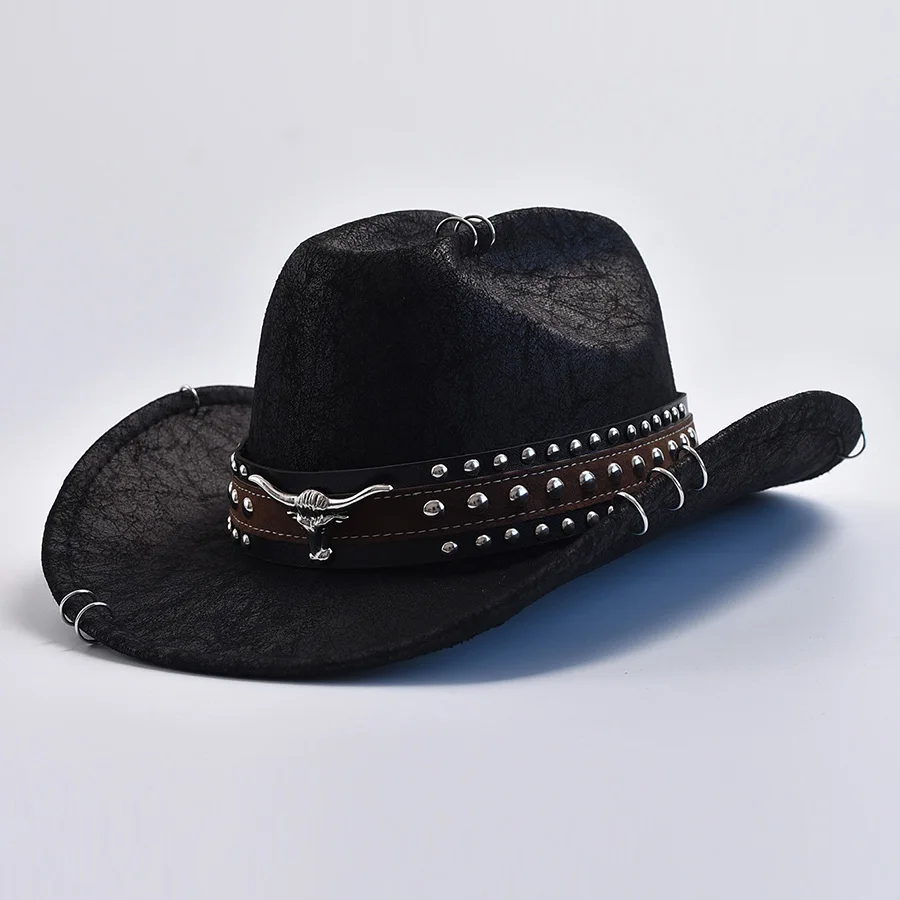 Cow Head Decorate Western Cowboy Hats For Women Men Vintage Wide Brim Gentleman Cowgirl Jazz Hats Sombrero Hombre image 2