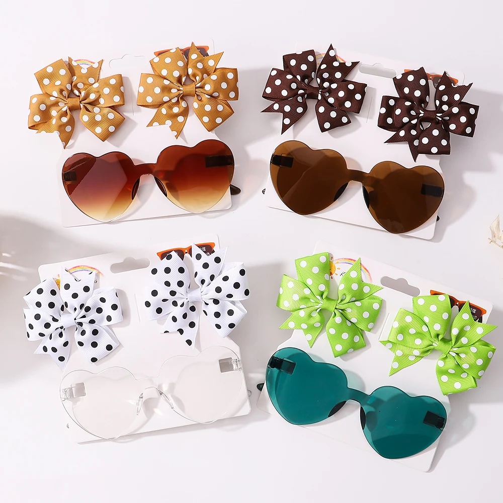 3Pcs/Set Fashion Baby Hair Accessories For Kids Cute Solid Dot Hairpin Colorful Heart Sun Glasses Girls Boutique Bowknot Clips