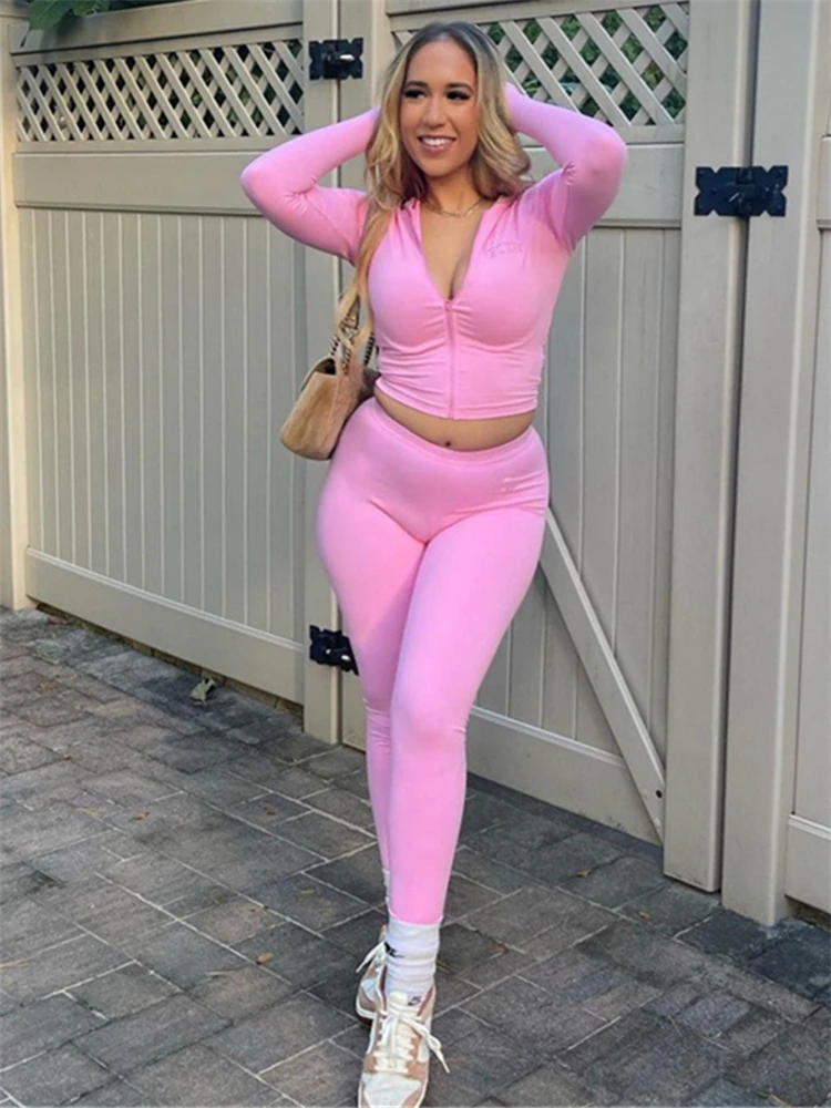 WLWXR Spring Black Casual 2 Two Piece Sets Vacation For Women 2024 Zipper Up Long Sleeve Hoodies And Pants Sets Pink Sweatsuits