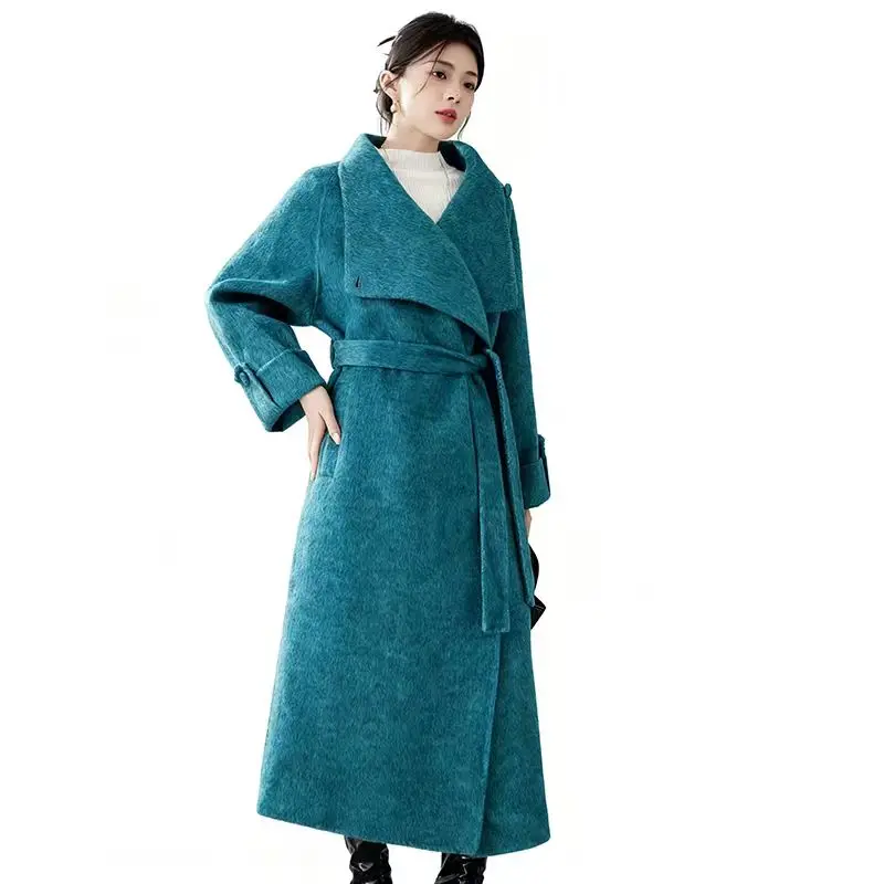 Casaco feminino de caxemira dupla face azul de comprimento médio de alta qualidade |   Estilo casual, agasalhos clássicos de lã com lapela larga