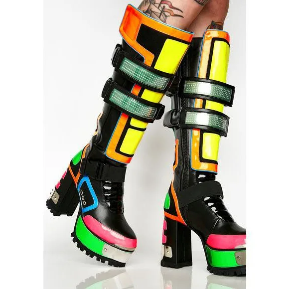 Punk Style Bling Mixed Colors Round Toe Knee-High Platform Women Boots Chunky High Heels Zipper Design Large Size Shoes