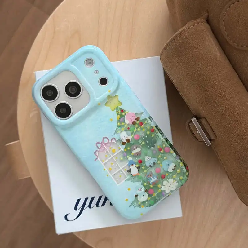 لطيف الكرتون الحيوان شجرة عيد الميلاد قضية الهاتف آيفون 17 برو 16 15 14 برو ماكس 16 غطاء مع قلادة للصدمات واقية Cas #4