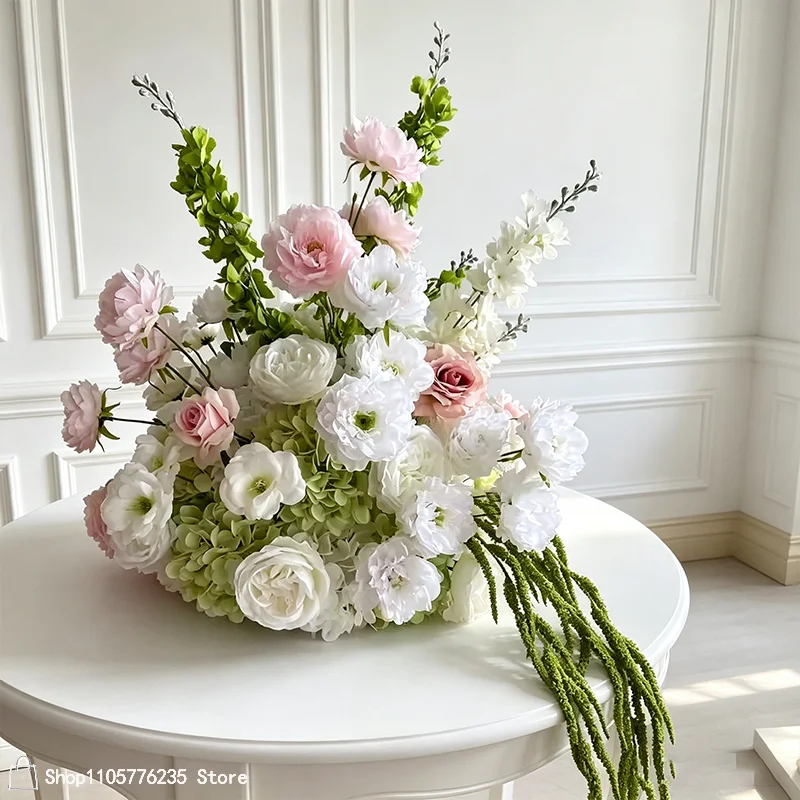 Künstliche rote, rosa, weiße Rosen, Pfingstrosen, Rittersporn, Hochzeitstisch-Mittelstück, Blumenarrangement, Bankett-Esstisch, Heimdekorationsstück – Detail 8