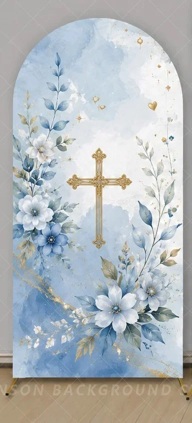 Blue Floral God Bless You Baptism Arch Cover Backdrop Blue Cross Holy Bible Religious book flower Baby Shower Party background