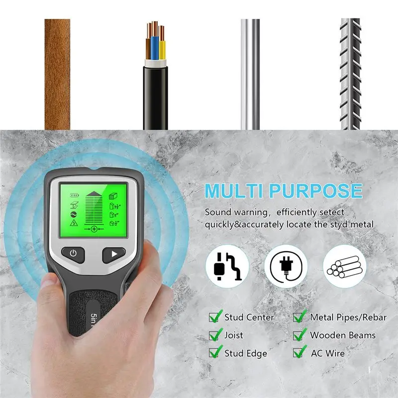 A23F-5-In-1 Studs Metal Wall Scanner AC Wood Finder Cable Wires Depth Electric Box Finder Wall Reusabl