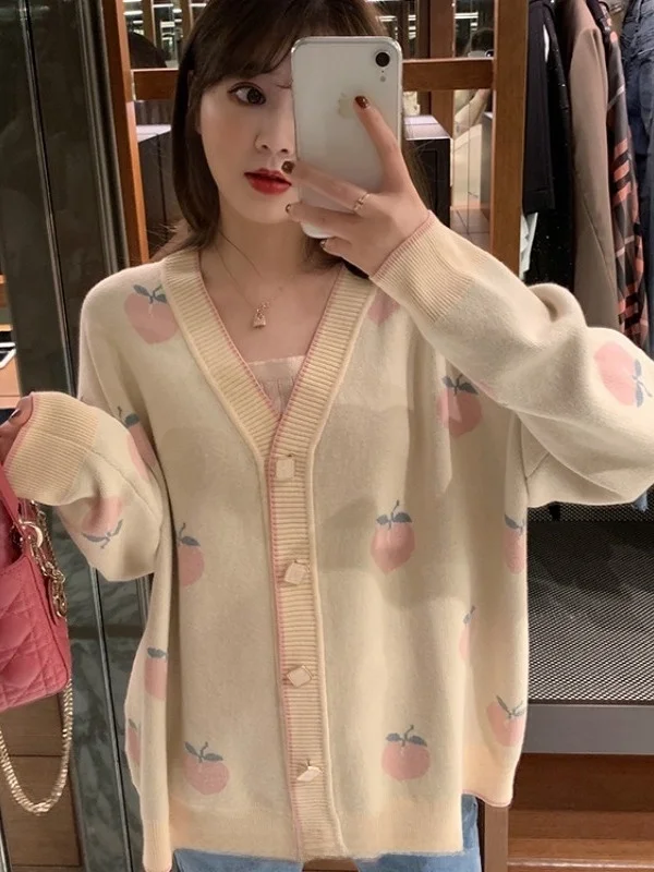 달콤한 슬레 딸기 무늬 니트 스웨터 코트 여성용 루즈핏 가을 겨울 브이넥 롱 소프트 폴리에스터