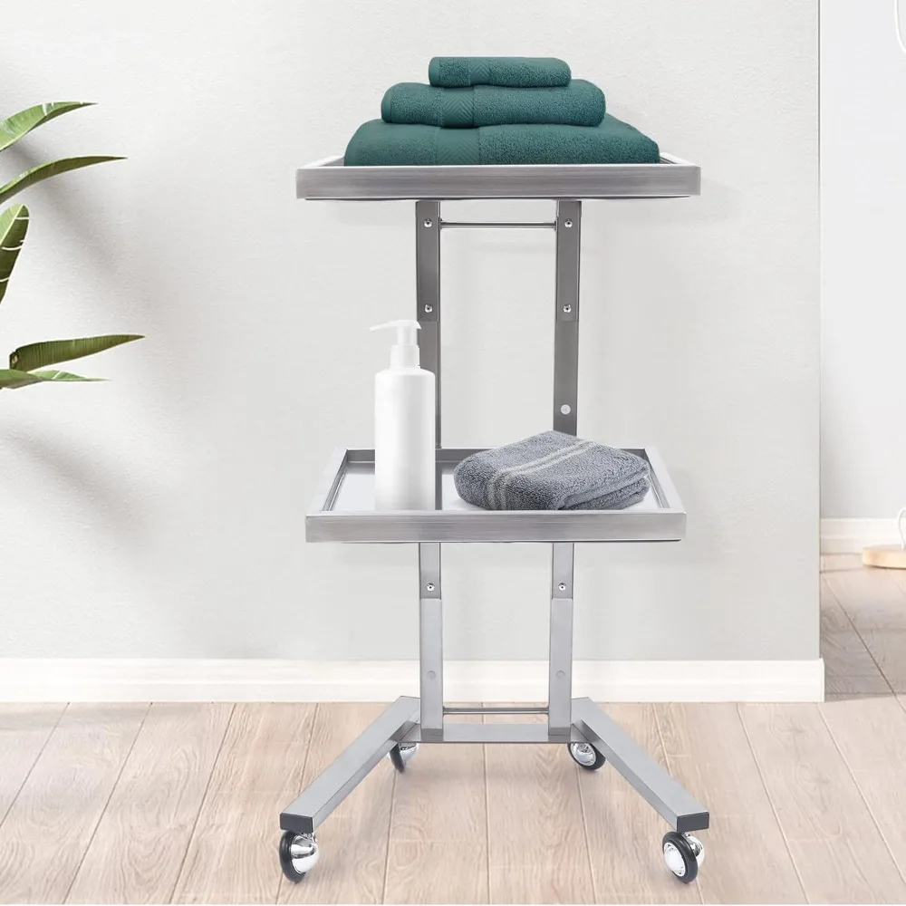 عربة عربة صالون التجميل TFCFL ذات طبقتين على عجلات، عربة دوارة معدنية، حامل تخزين صالونات التجميل بعجلات 360 درجة °   معدات أداة المتداول