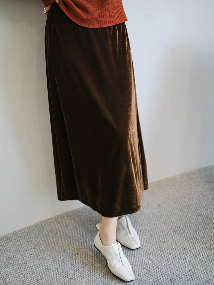 

Silky Smooth Velvet A-Line Skirt for Women Light Ci Su Xiaotang k Tone Glossy Long Evening Par f-length Skirt