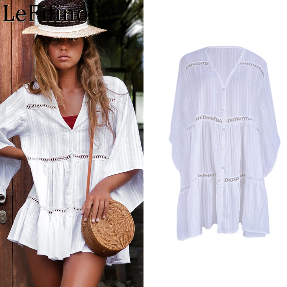 

Summer Cotton Solid Color Jacquard Button Loose Sleeve Hollow Sexy Skirts Beach Leisure Sunscreen Clothing Bikini Cover Up Women