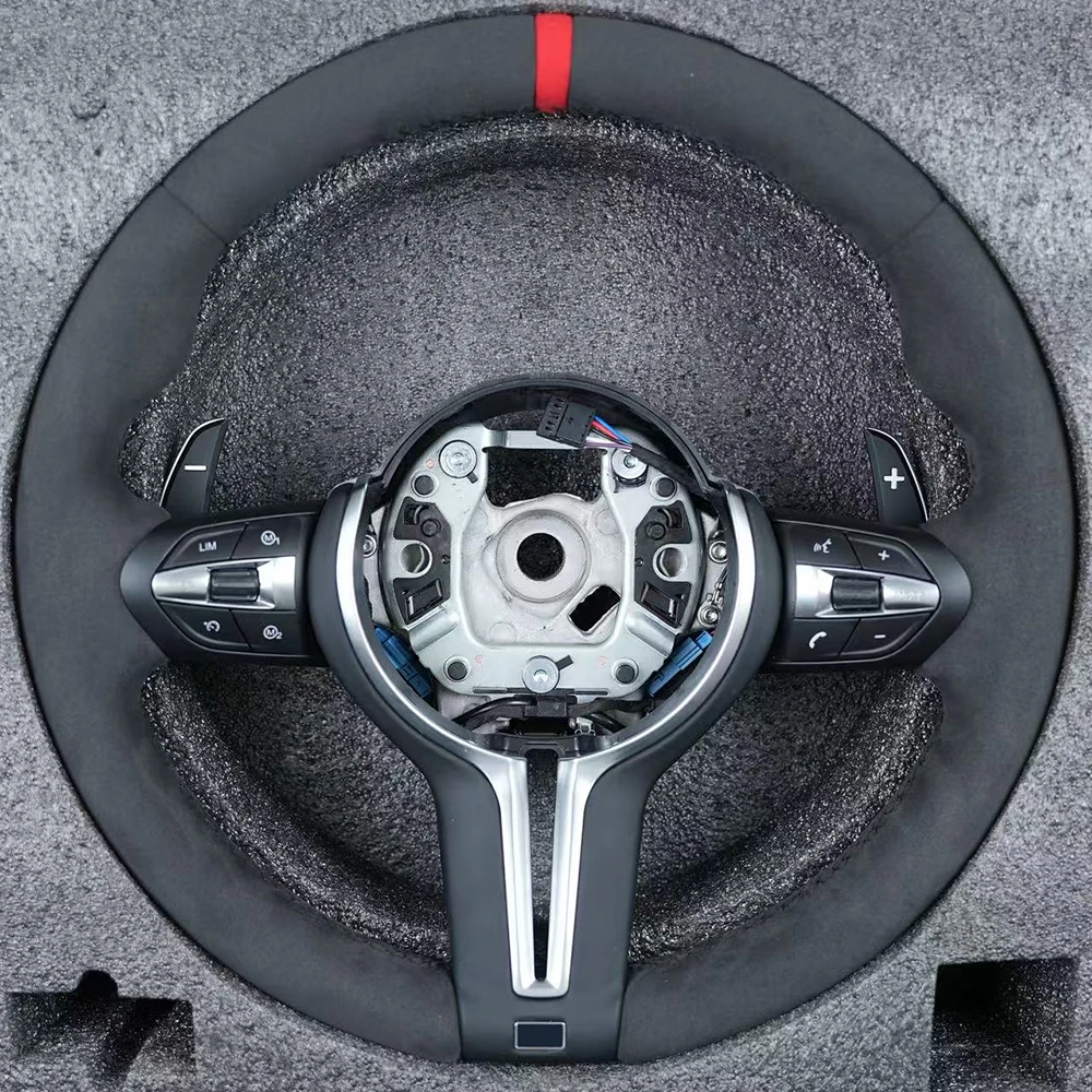

For BMW 3 /5 Series Red Stitching Full Alcantara Black Frame Steering Wheel With Paddles Button Assembly