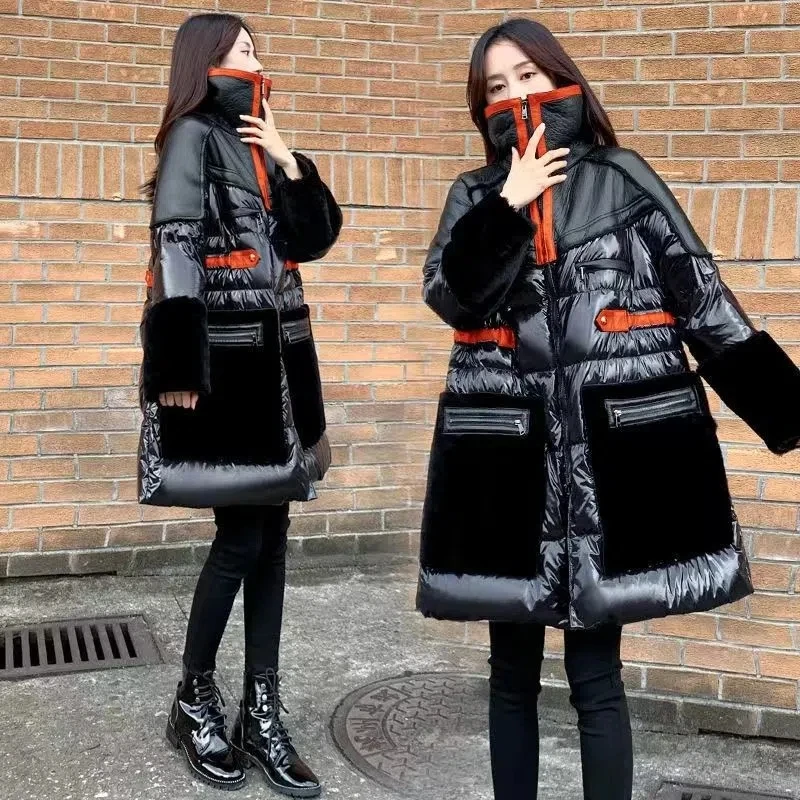 Women's 2024 Winter New Black Glossy Splicing Down Jacket Fashion Loose Warm White duck down Coat Female Long Parkas Overcoat