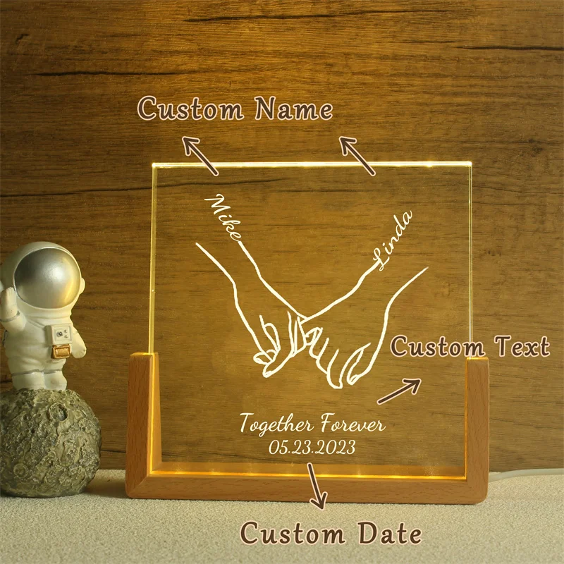 Personalized Crystal Lamp,Custom Night Light,Anniversary,Valentines Day Gifts,Personalized Name Holding Hands Line Customization