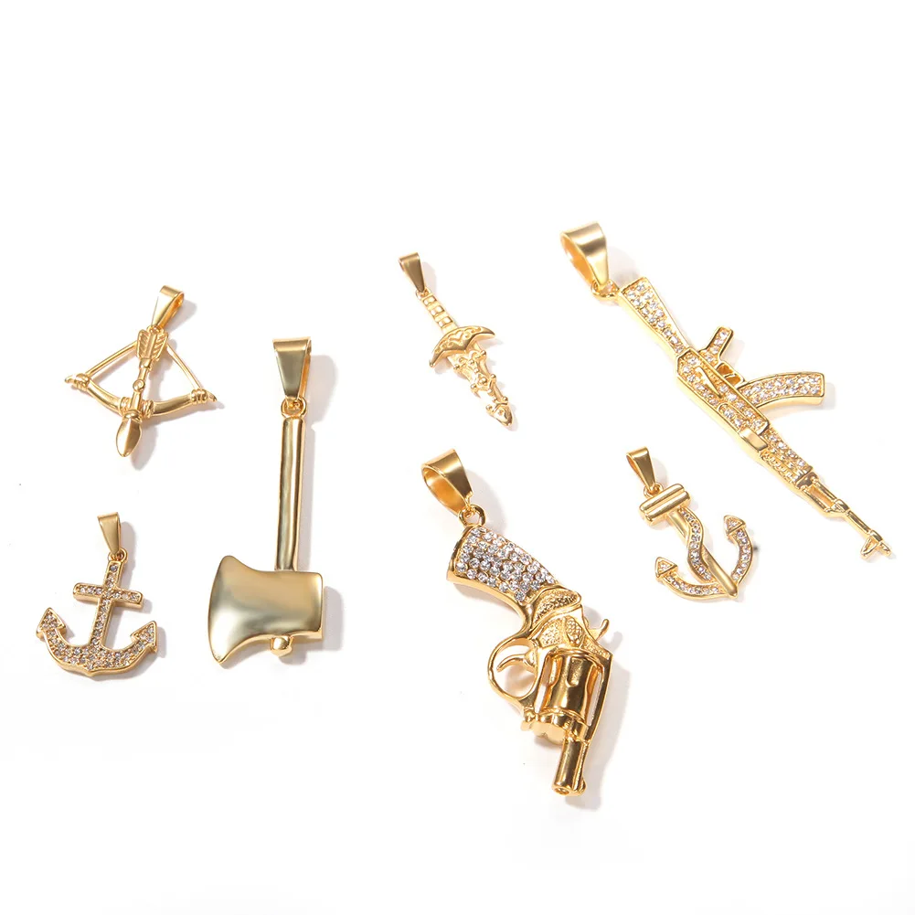 Hip Hop Gold Color Stainless Steel Crossbow Axe Gun Anchor Pendants Necklaces for Men Rapper Jewelry Drop Shipping