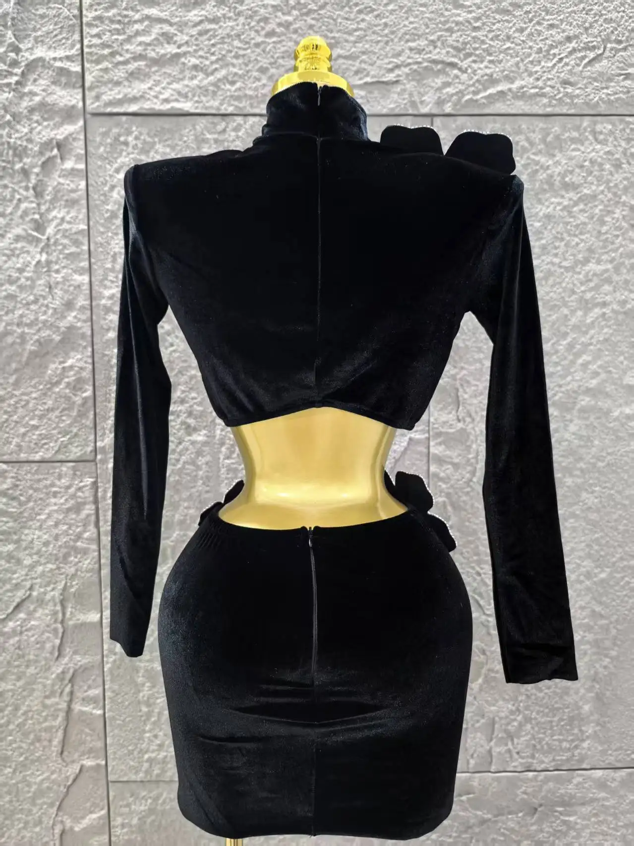 Minimalist Women Long Sleeves Bandage Two Piece Sets Turtleneck Shiny Diamonds Flower Top Bodycon Mini Skirts Suits Evening Club