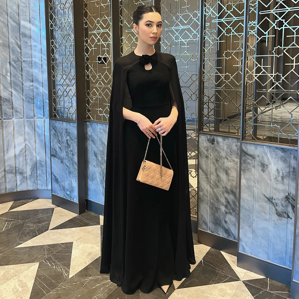 

Черное шифоновое вечернее платье трапециевидной формы с круглым вырезом по индивидуальному заказу и накидкой без рукавов, простое вечернее платье с аппликацией длиной до пола, платье для выпускного вечера