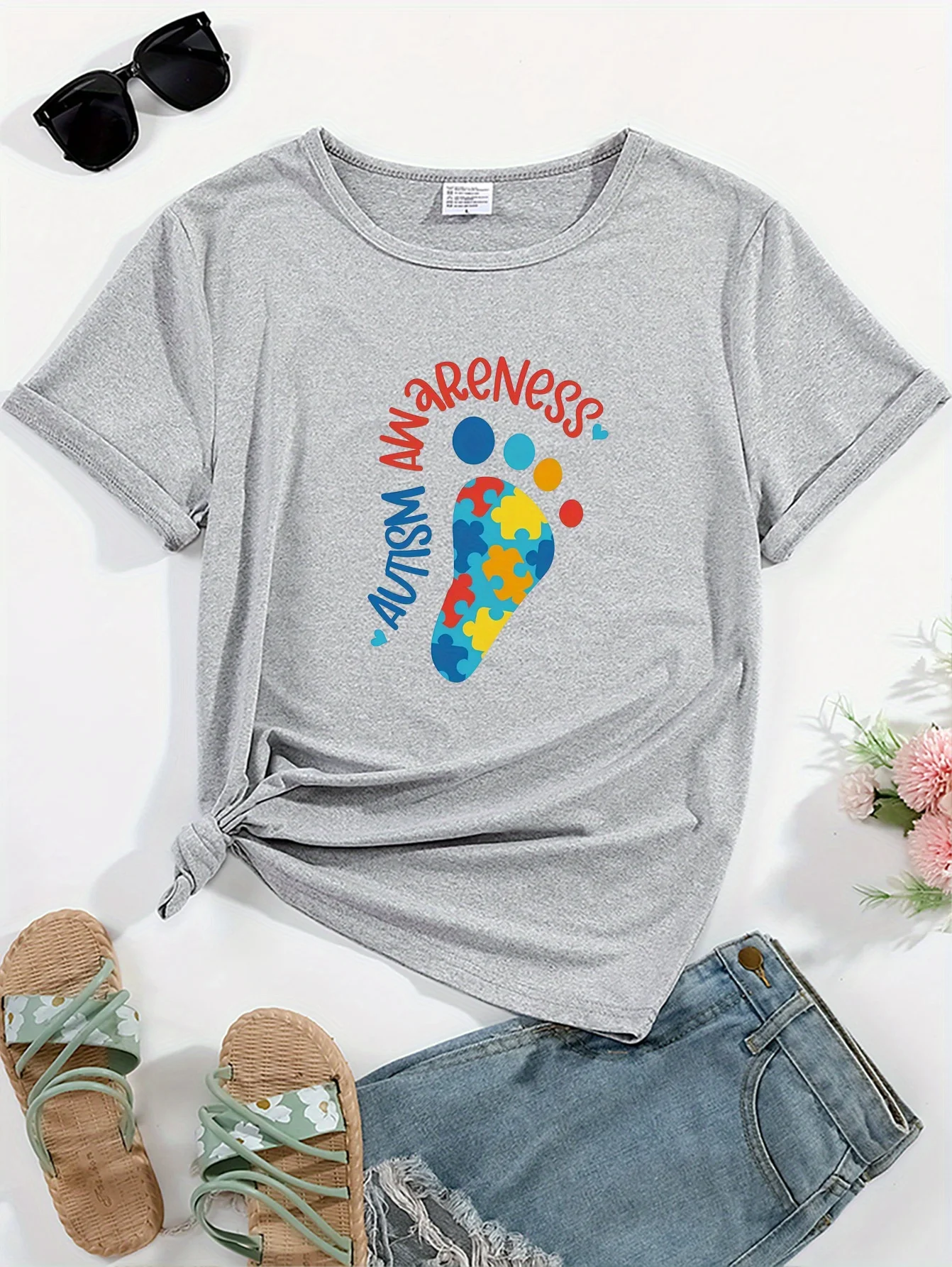 Autism Awareness Footprint Graphic Sports Tee, Round Neck Short Sleeves Running Casual T-shirt, Women's Activewear