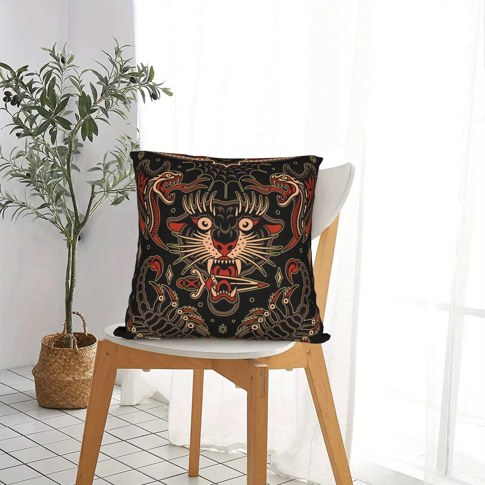 Double Sided Old School Tattoo Pillow Cover, Soft Polyester 2D Print Cushion for Sofa Living Room Bedroom Home Decor Gift