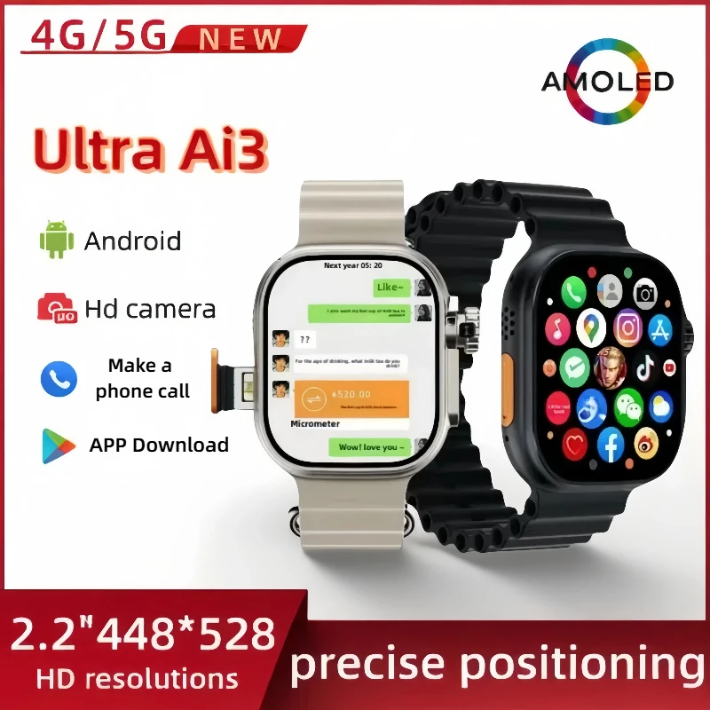 

New 4G all network Android smartwatch,2.2-inch 448*528 AMOLED screen,32+256GB storagee,SIM card,AI,Healthy,180 ° rotating camera